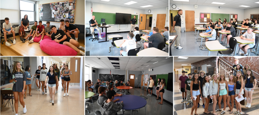 photos of students walking through hallways and sitting at desks